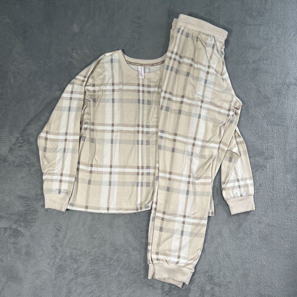 Joyspun Pajamas Outfit Women's Large 12-14 Beige Striped Sweater Pants Cozy PJs